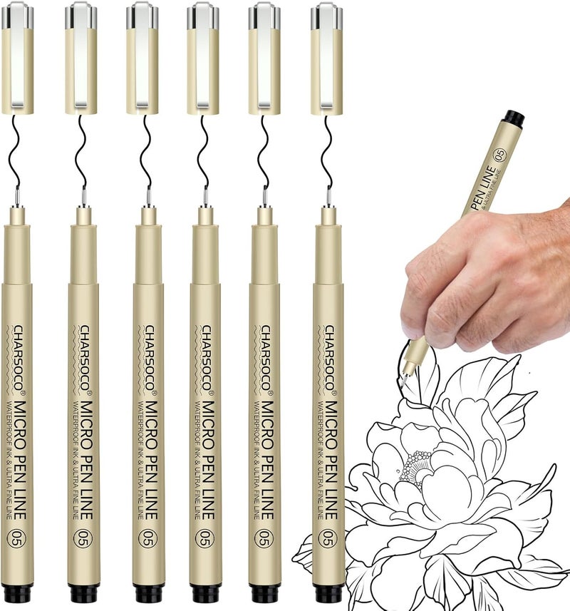 CHARSOCO 05 Micro Pen, 6Pack Black Fine Point Pen with Waterproof Archival Ink, 0.48mm Fineliner Ink Pens for Artist Illustration, Sketching, Anime, Manga, Technical Drawing and Scrapbooking - Image 1